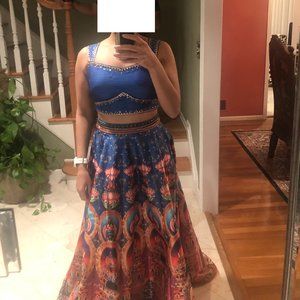 Neha Agarwal lotus printed blue lehenga